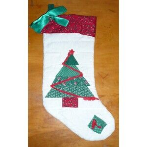 VTG Hand Quilted Ivory Stocking Christmas Tree Privative Boho Folk Art